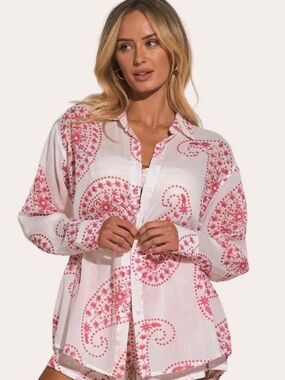 ELAN Green and White Paisley Button Down Shirt, NWT, Small